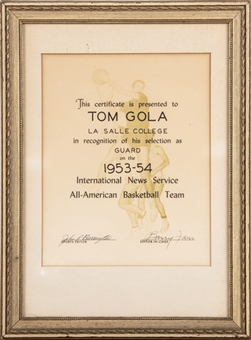 1953-54 International News Service All-American Basketball Team Selection Certificate Presented To Tom Gola In 11.5 x 15.5 Frame 